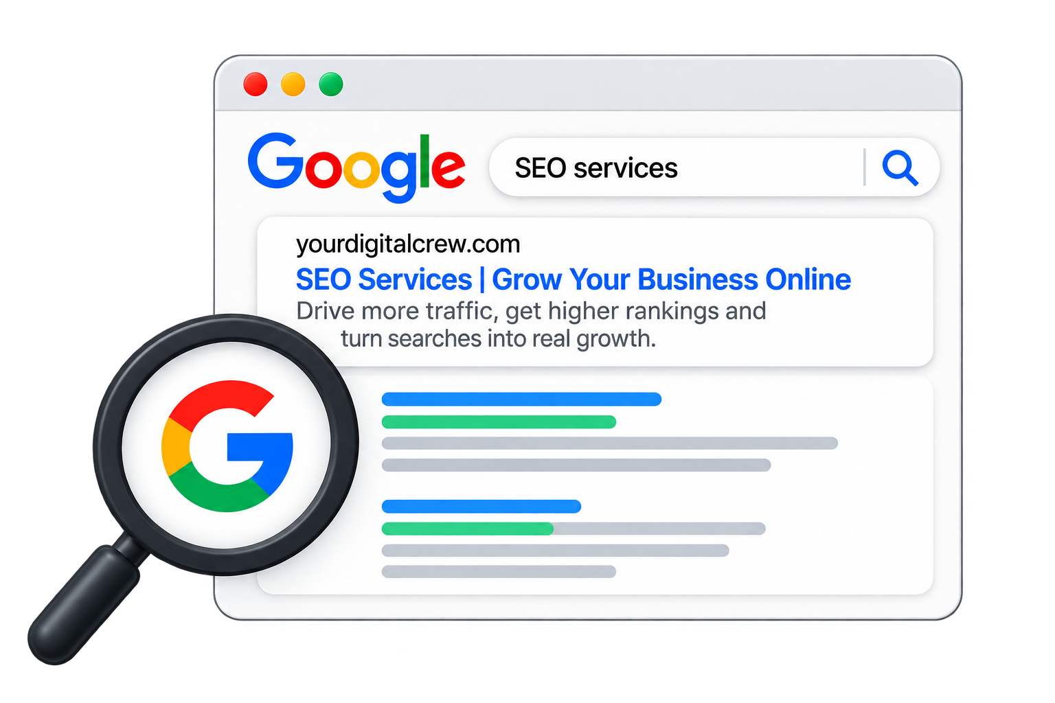 Google search results for SEO services, showing yourdigitalcrew.com ranking with a magnifying glass icon